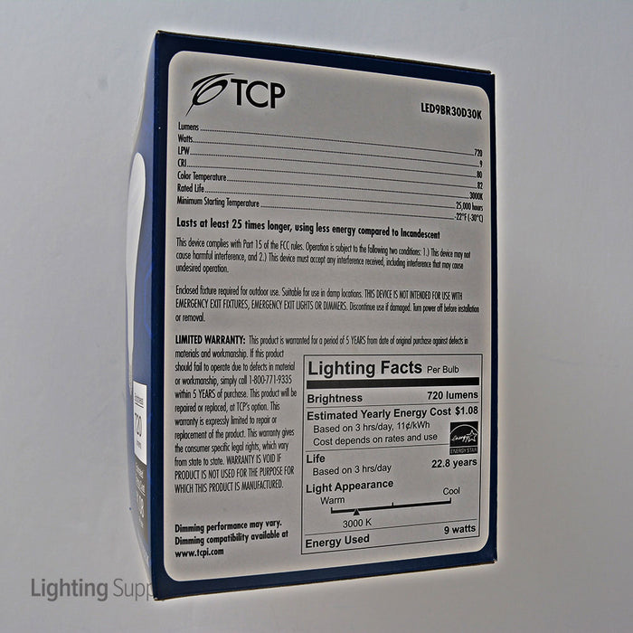 TCP 9.5W BR30 LED 3000K 120V 700Lm 80 CRI Medium E26 Base Dimmable Flood Bulb (LED9BR30D30K)