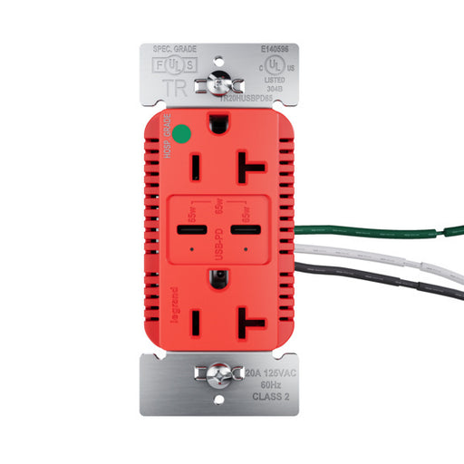 Pass and Seymour 65W Hospital Grade USB Outlet Type C 20A Tamper-Resistant Red (TR20HUSBPD65RED)