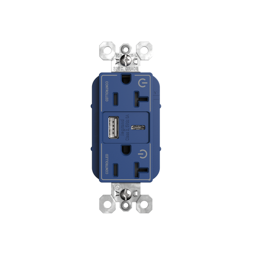Pass and Seymour 20A 125V Tamper-Resistant Duplex Receptacle With USB A/C Fast Charging Ports Dual Controlled Blue (TR20USBAC6CDBL)