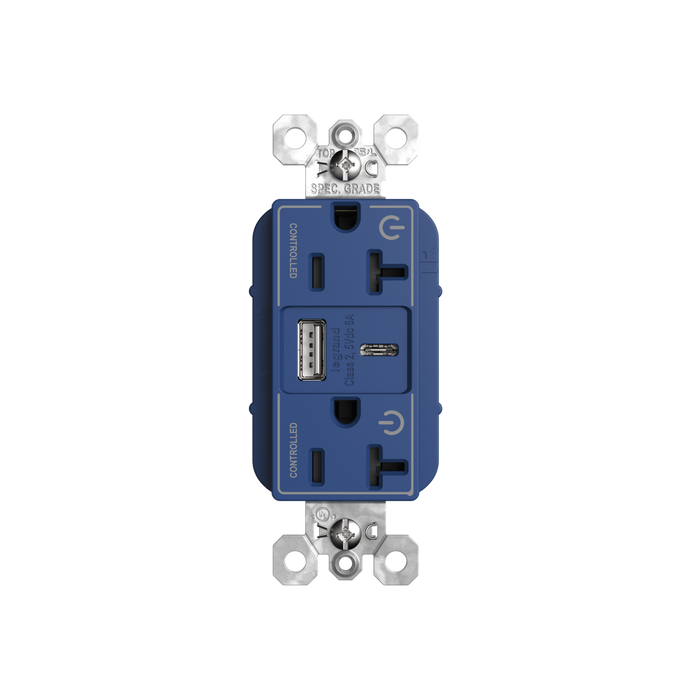 Pass and Seymour 20A 125V Tamper-Resistant Duplex Receptacle With USB A/C Fast Charging Ports Dual Controlled Blue (TR20USBAC6CDBL)
