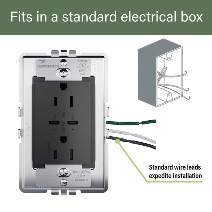 Pass and Seymour Adorne 65W USB Outlet Plus-Size Type C 15A Tamper-Resistant Graphite (ARTRUSB15PD65G4)