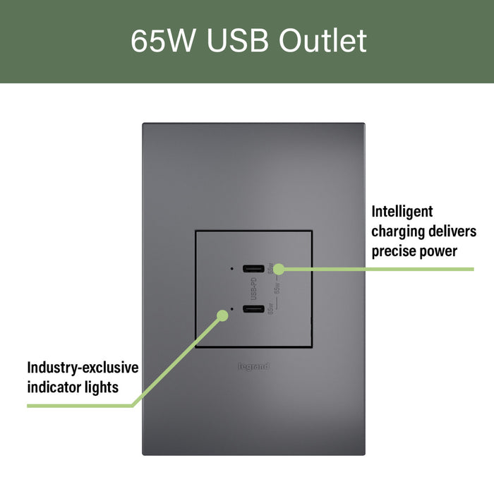 Pass and Seymour Adorne 65W USB Outlet Module Type C Magnesium (ARUSB65PDM4)