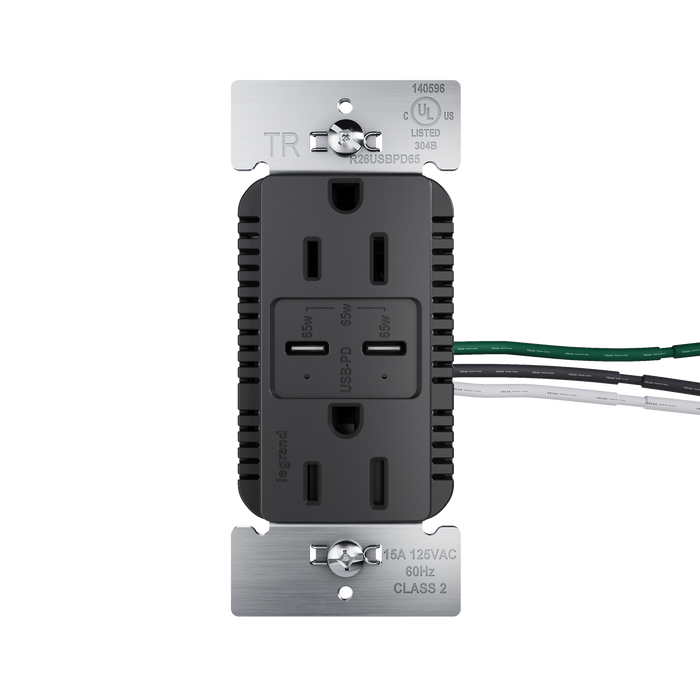 Pass and Seymour Radiant 65W Power Delivery USB Outlet Tamper-Resistant Duplex 15A Black (R26USBPD65BK)