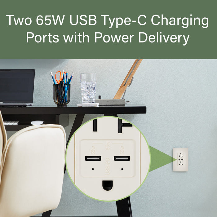 Pass and Seymour 65W Power Delivery USB Outlet Type C Tamper-Resistant Duplex 20A Light Almond (TR20USBPD65LA)