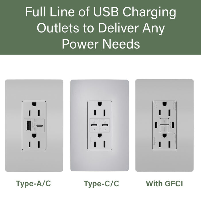 Pass and Seymour Radiant 65W Power Delivery USB Outlet Tamper-Resistant Duplex 15A Gray (R26USBPD65GRY)
