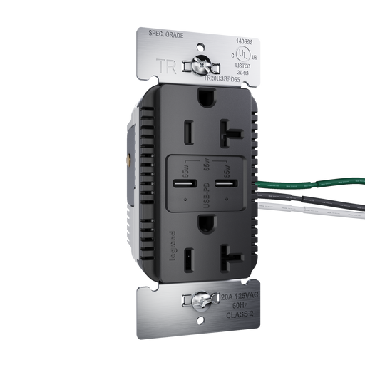Pass and Seymour 65W Power Delivery USB Outlet Type C Tamper-Resistant Duplex 20A Black (TR20USBPD65BK)