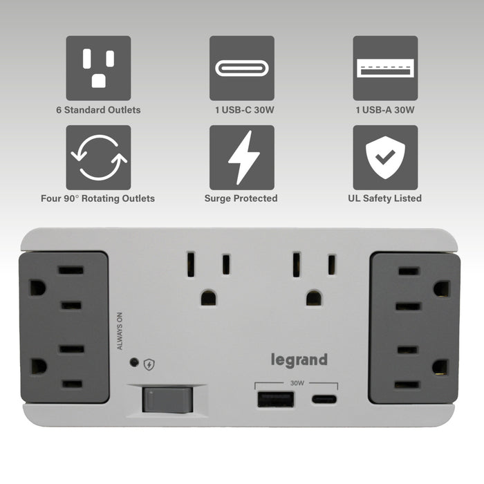 Pass and Seymour 6 Outlet Enclosure Surge Protector With One USB-A and One USB-C Gray/White (AC1062)