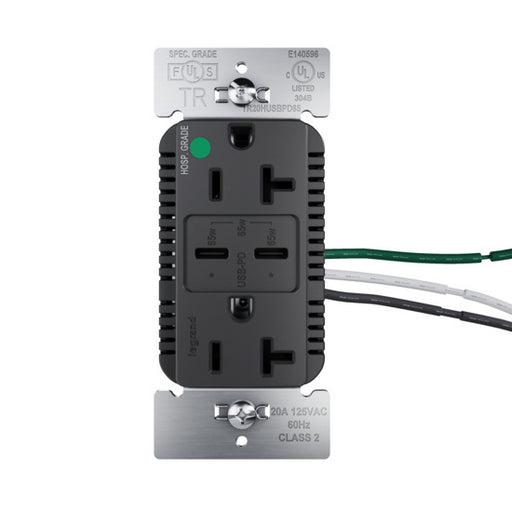 Pass and Seymour 65W Hospital Grade USB Outlet Type C 20A Tamper-Resistant Black (TR20HUSBPD65BK)