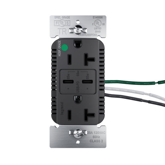 Pass and Seymour 65W Hospital Grade USB Outlet Type C 20A Tamper-Resistant Black (TR20HUSBPD65BK)