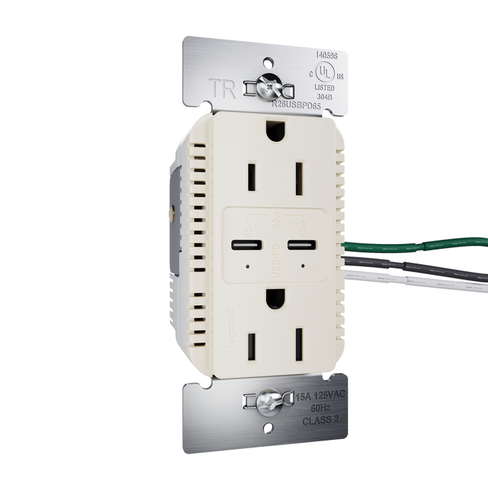Pass and Seymour Radiant 65W Power Delivery USB Outlet Tamper-Resistant Duplex 15A Light Almond (R26USBPD65LA)