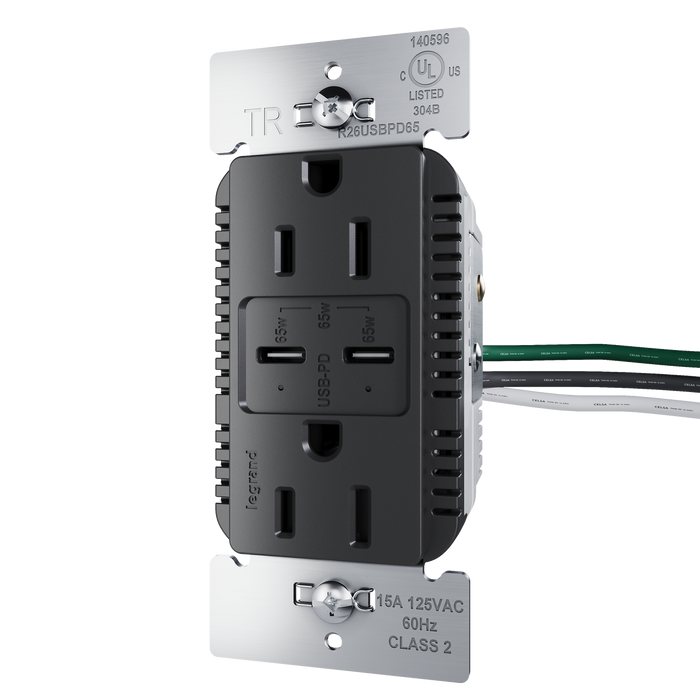 Pass and Seymour Radiant 65W Power Delivery USB Outlet Tamper-Resistant Duplex 15A Black (R26USBPD65BK)