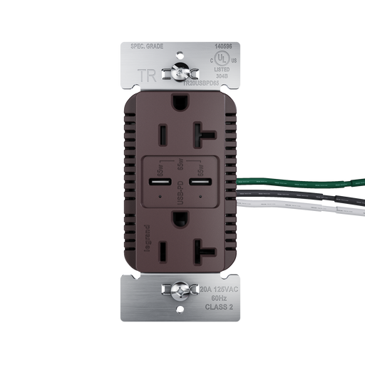 Pass and Seymour 65W Power Delivery USB Outlet Type C Tamper-Resistant Duplex 20A Dark Bronze (TR20USBPD65DB)