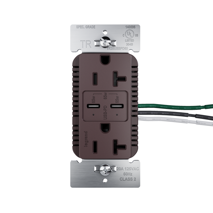 Pass and Seymour 65W Power Delivery USB Outlet Type C Tamper-Resistant Duplex 20A Dark Bronze (TR20USBPD65DB)
