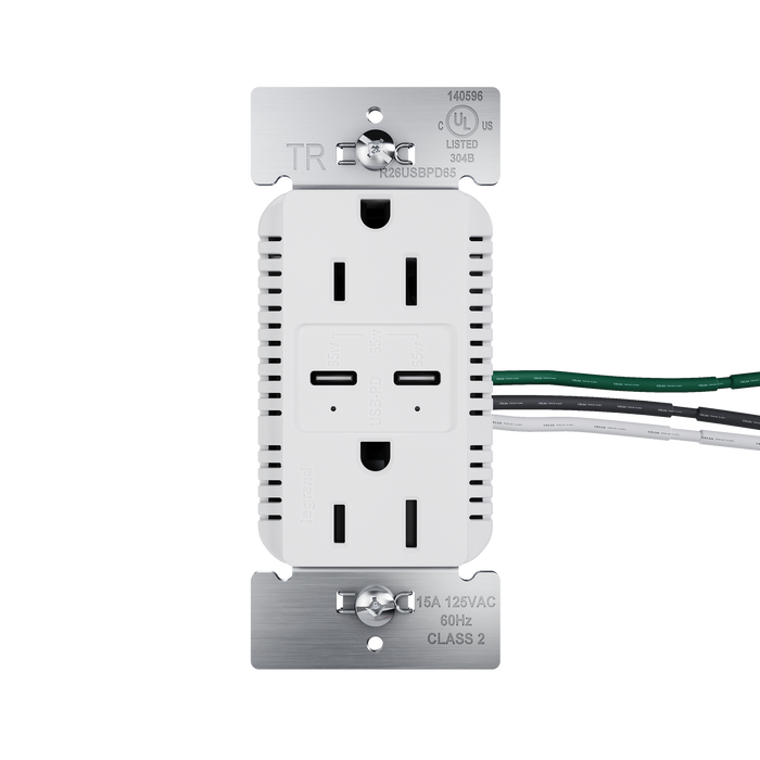 Pass and Seymour Radiant 65W Power Delivery USB Outlet Tamper-Resistant Duplex 15A White (R26USBPD65W)