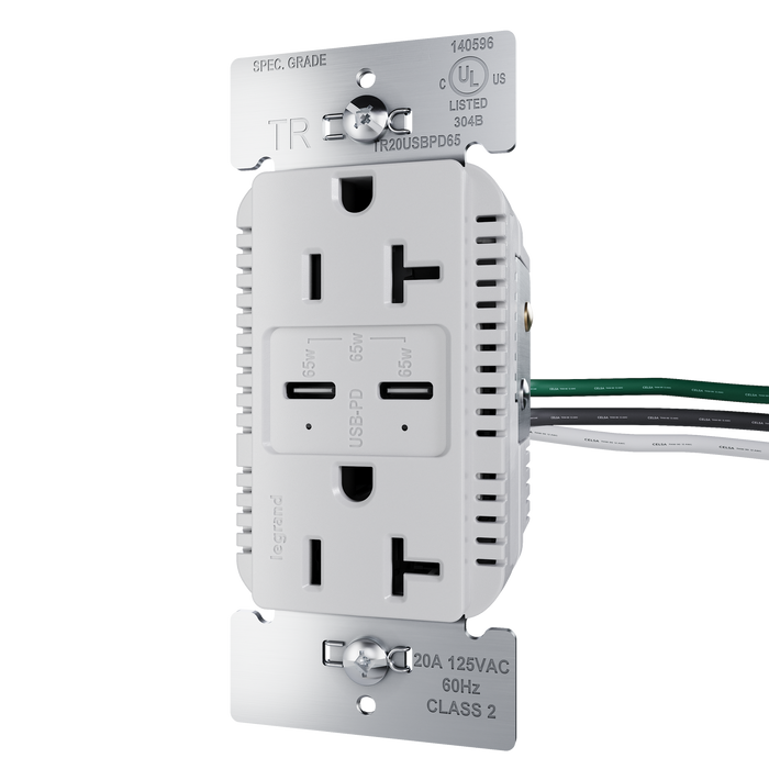 Pass and Seymour 65W Power Delivery USB Outlet Type C Tamper-Resistant Duplex 20A Gray (TR20USBPD65GRY)