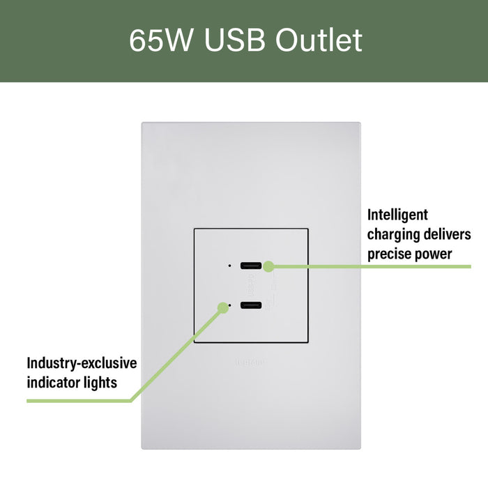 Pass and Seymour Adorne 65W USB Outlet Module Type C White (ARUSB65PDW4)