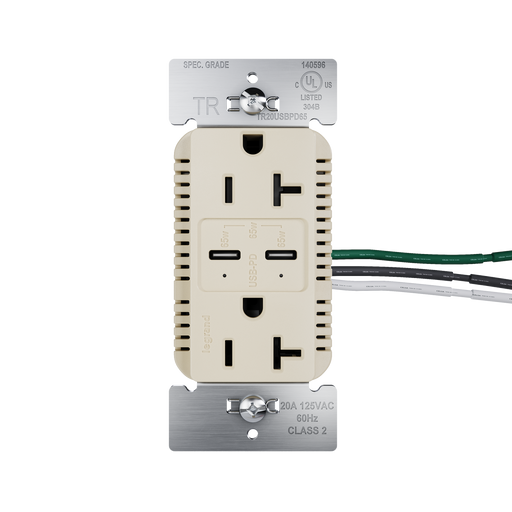 Pass and Seymour 65W Power Delivery USB Outlet Type C Tamper-Resistant Duplex 20A Ivory (TR20USBPD65I)