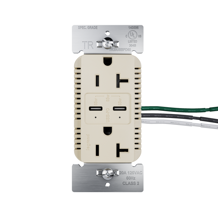 Pass and Seymour 65W Power Delivery USB Outlet Type C Tamper-Resistant Duplex 20A Ivory (TR20USBPD65I)