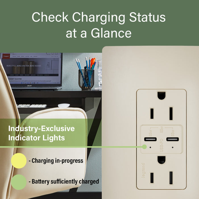 Pass and Seymour Radiant 65W Power Delivery USB Outlet Tamper-Resistant Duplex 15A Ivory (R26USBPD65I)