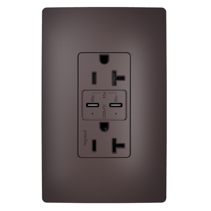 Pass and Seymour 65W Power Delivery USB Outlet Type C Tamper-Resistant Duplex 20A Brown (TR20USBPD65)
