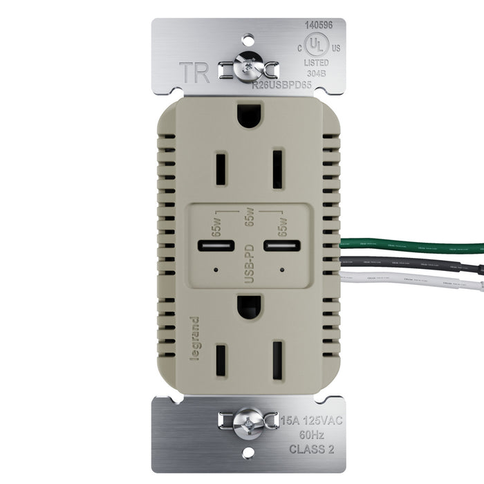 Pass and Seymour Radiant 65W USB Outlet Type C 15A Tamper-Resistant Nickel (R26USBPD65NICC6)