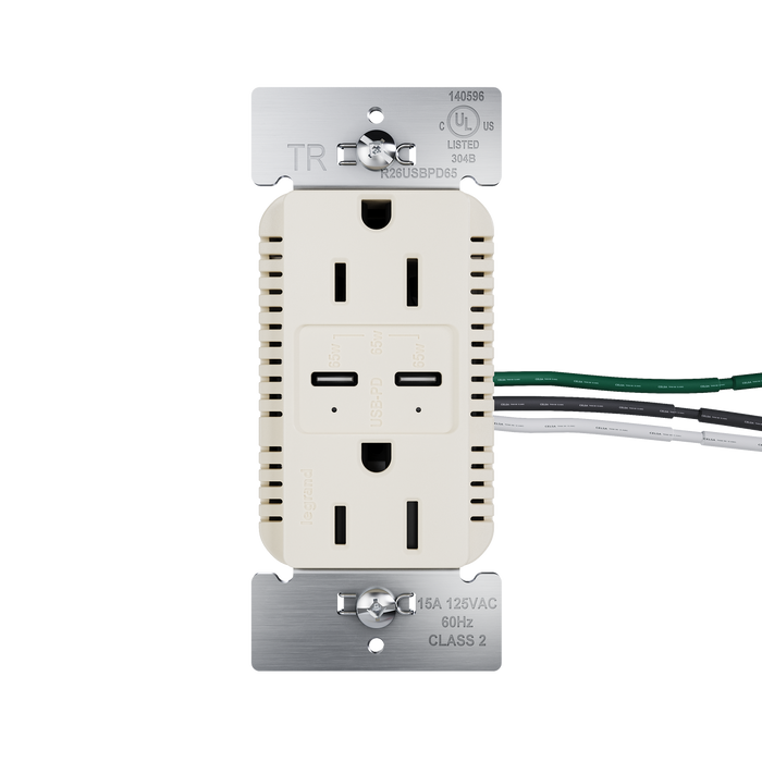 Pass and Seymour Radiant 65W Power Delivery USB Outlet Tamper-Resistant Duplex 15A Light Almond (R26USBPD65LA)