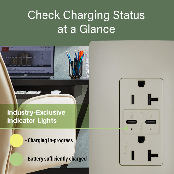 Pass and Seymour 65W Power Delivery USB Outlet Type C Tamper-Resistant Duplex 20A Nickel (TR20USBPD65NI)