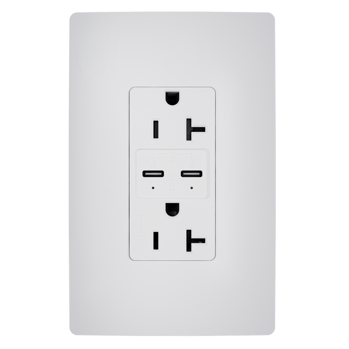Pass and Seymour 65W Power Delivery USB Outlet Type C Tamper-Resistant Duplex 20A White (TR20USBPD65W)