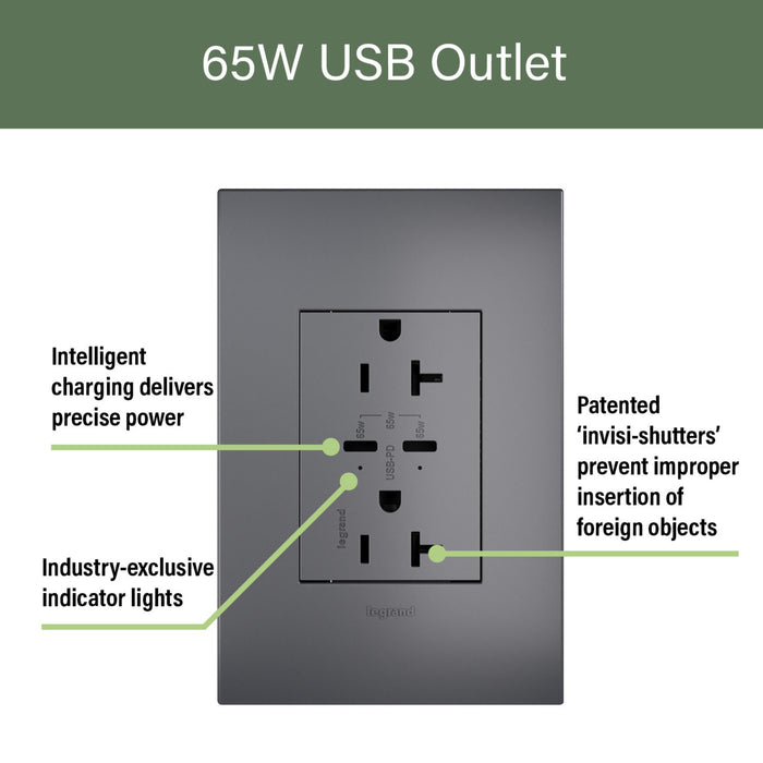 Pass and Seymour Adorne 65W USB Outlet Plus-Size Type C 20A Tamper-Resistant Magnesium (ARTRUSB20PD65M4)