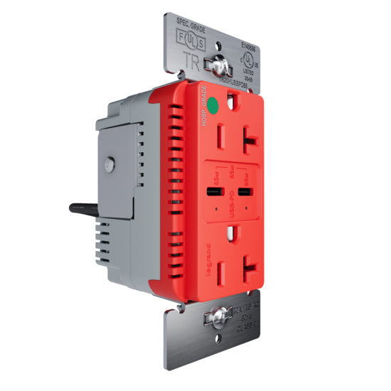 Pass and Seymour 65W Hospital Grade USB Outlet Type C 20A Tamper-Resistant Red (TR20HUSBPD65RED)