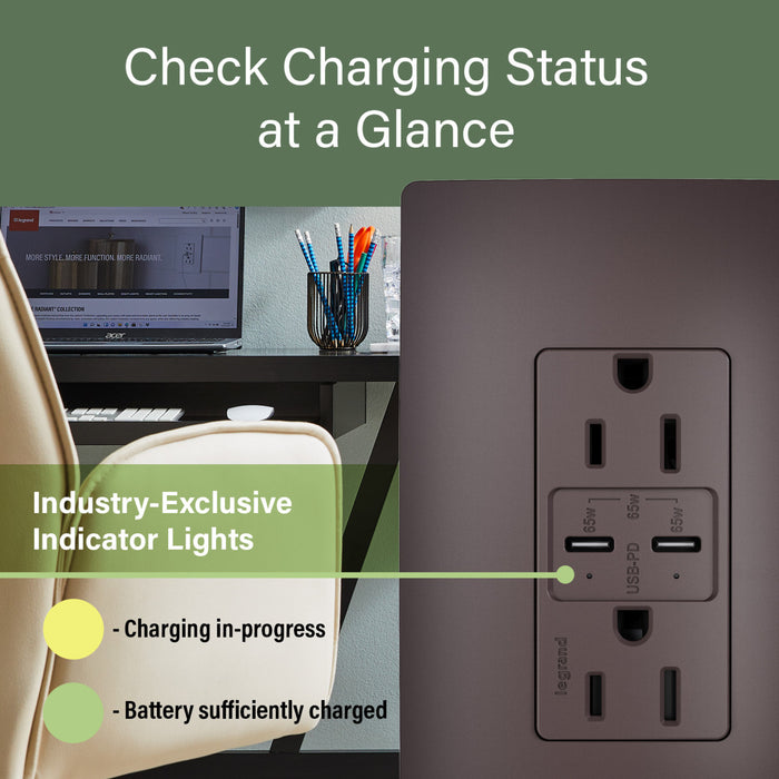 Pass and Seymour Radiant 65W Power Delivery USB Outlet Tamper-Resistant Duplex 15A Brown (R26USBPD65)