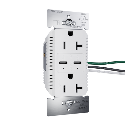 Pass and Seymour 65W Power Delivery USB Outlet Type C Tamper-Resistant Duplex 20A White (TR20USBPD65W)