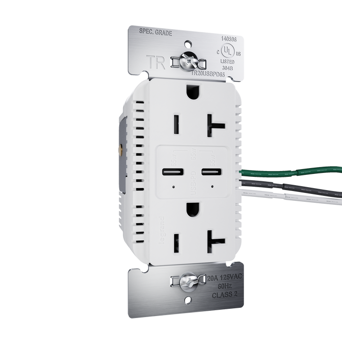 Pass and Seymour 65W Power Delivery USB Outlet Type C Tamper-Resistant Duplex 20A White (TR20USBPD65W)