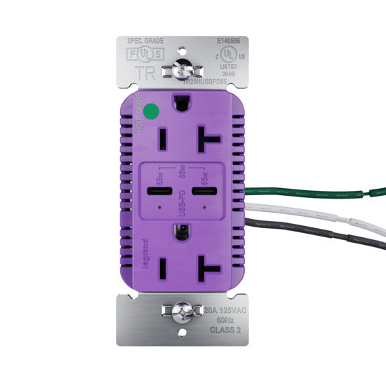Pass and Seymour 65W Hospital Grade USB Outlet Type C 20A Tamper-Resistant Purple (TR20HUSBPD65PU)