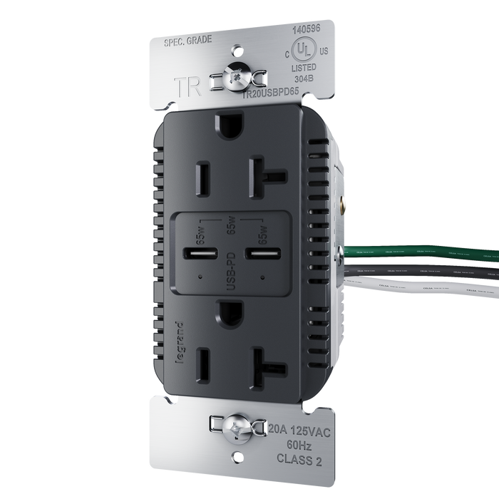 Pass and Seymour 65W Power Delivery USB Outlet Type C Tamper-Resistant Duplex 20A Graphite (TR20USBPD65G)