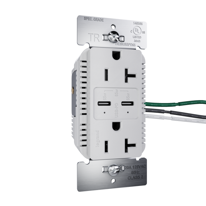 Pass and Seymour 65W Power Delivery USB Outlet Type C Tamper-Resistant Duplex 20A Gray (TR20USBPD65GRY)