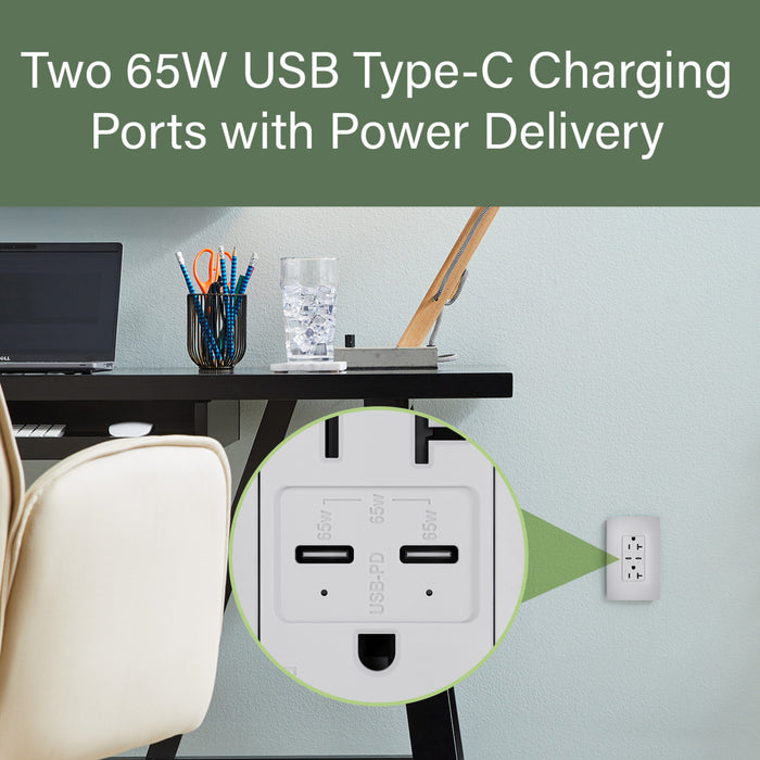 Pass and Seymour 65W Power Delivery USB Outlet Type C Tamper-Resistant Duplex 20A Gray (TR20USBPD65GRY)