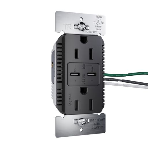 Pass and Seymour Radiant 65W Power Delivery USB Outlet Tamper-Resistant Duplex 15A Black (R26USBPD65BK)