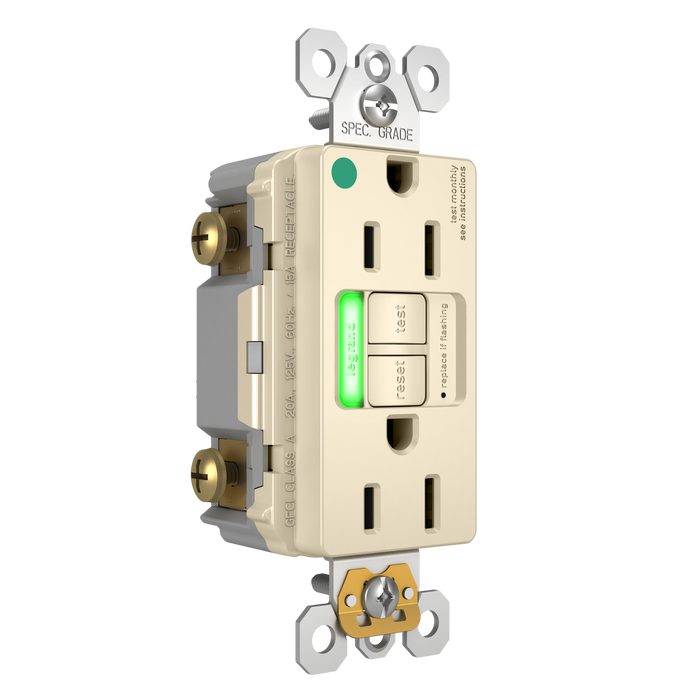 Pass and Seymour GFCI Power-Indicating Hospital-Grade Tamper-Resistant Receptacle 15A Light Almond Green LED (1597HGTRPILA)