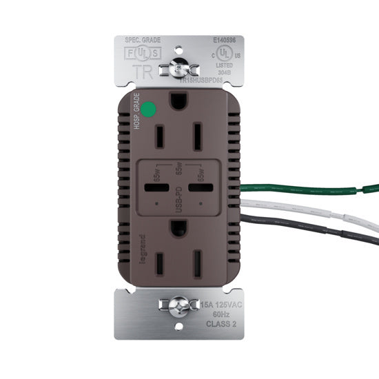 Pass and Seymour 65W Hospital Grade USB Outlet Type C 15A Tamper-Resistant Brown (TR15HUSBPD65)