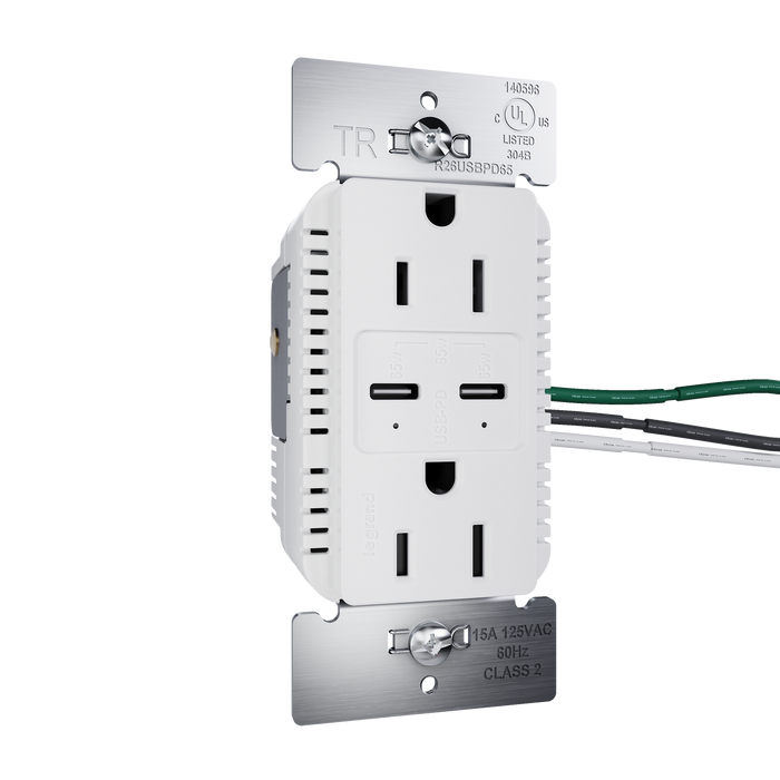 Pass and Seymour Radiant 65W Power Delivery USB Outlet Tamper-Resistant Duplex 15A White (R26USBPD65W)