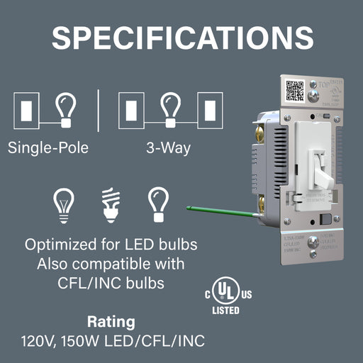 Pass and Seymour Trademaster Toggle Slide LED Advanced Dimmer 150W Single-Pole Or 3-Way 3-Pack White (TSDL153PW3PKCC4)