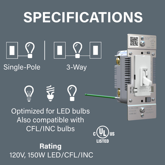 Pass and Seymour Trademaster Toggle Slide LED Dimmer 150W Single Pole 3-Way White 10-Pack (TSDL153PW10PK)