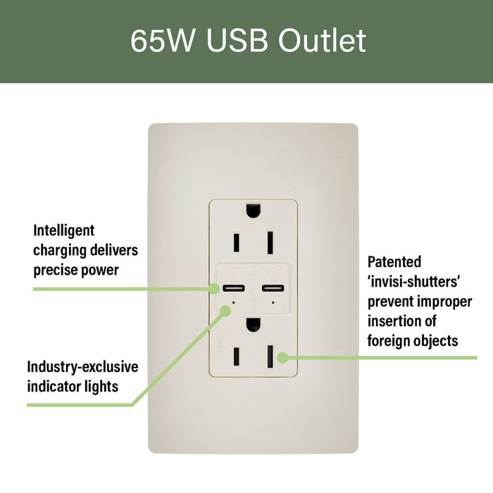 Pass and Seymour Radiant 65W Power Delivery USB Outlet Tamper-Resistant Duplex 15A Light Almond (R26USBPD65LA)