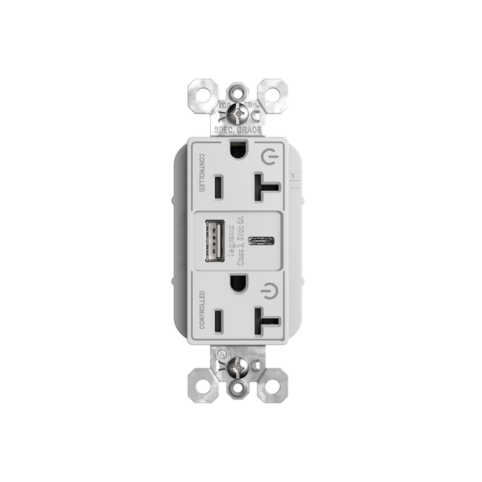 Pass and Seymour 20A 125V Tamper-Resistant Duplex Receptacle With USB A/C Fast Charging Ports Dual Controlled White (TR20USBAC6CDW)