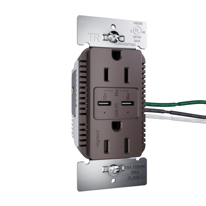 Pass and Seymour Radiant 65W Power Delivery USB Outlet Tamper-Resistant Duplex 15A Brown (R26USBPD65)