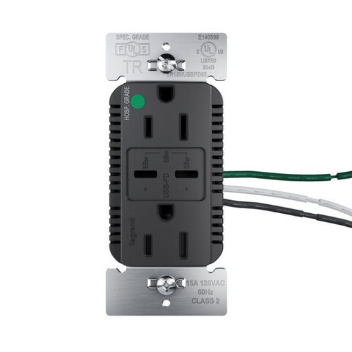 Pass and Seymour 65W Hospital Grade USB Outlet Type C 15A Tamper-Resistant Black (TR15HUSBPD65BK)