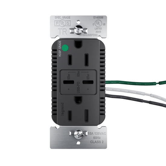 Pass and Seymour 65W Hospital Grade USB Outlet Type C 15A Tamper-Resistant Black (TR15HUSBPD65BK)