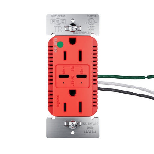 Pass and Seymour 65W Hospital Grade USB Outlet Type C 15A Tamper-Resistant Red (TR15HUSBPD65RED)
