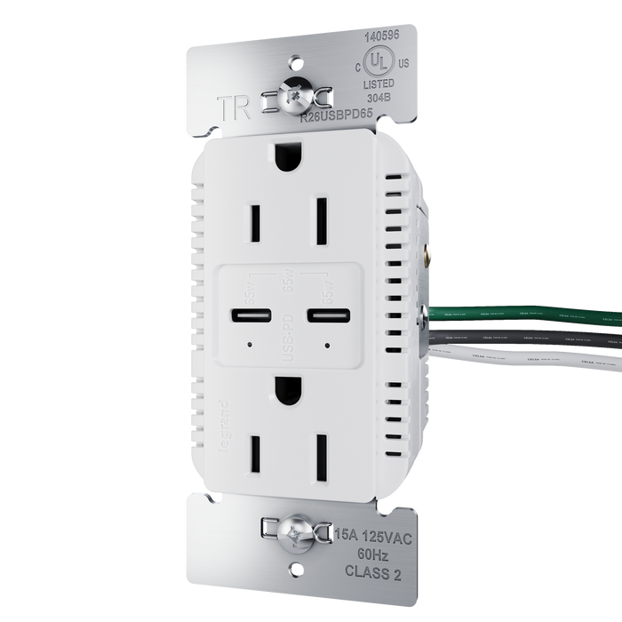 Pass and Seymour Radiant 65W Power Delivery USB Outlet Tamper-Resistant Duplex 15A White (R26USBPD65W)